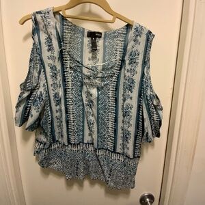 Striped Rose Criss Cross Lace-up Off the Shoulder Blouse